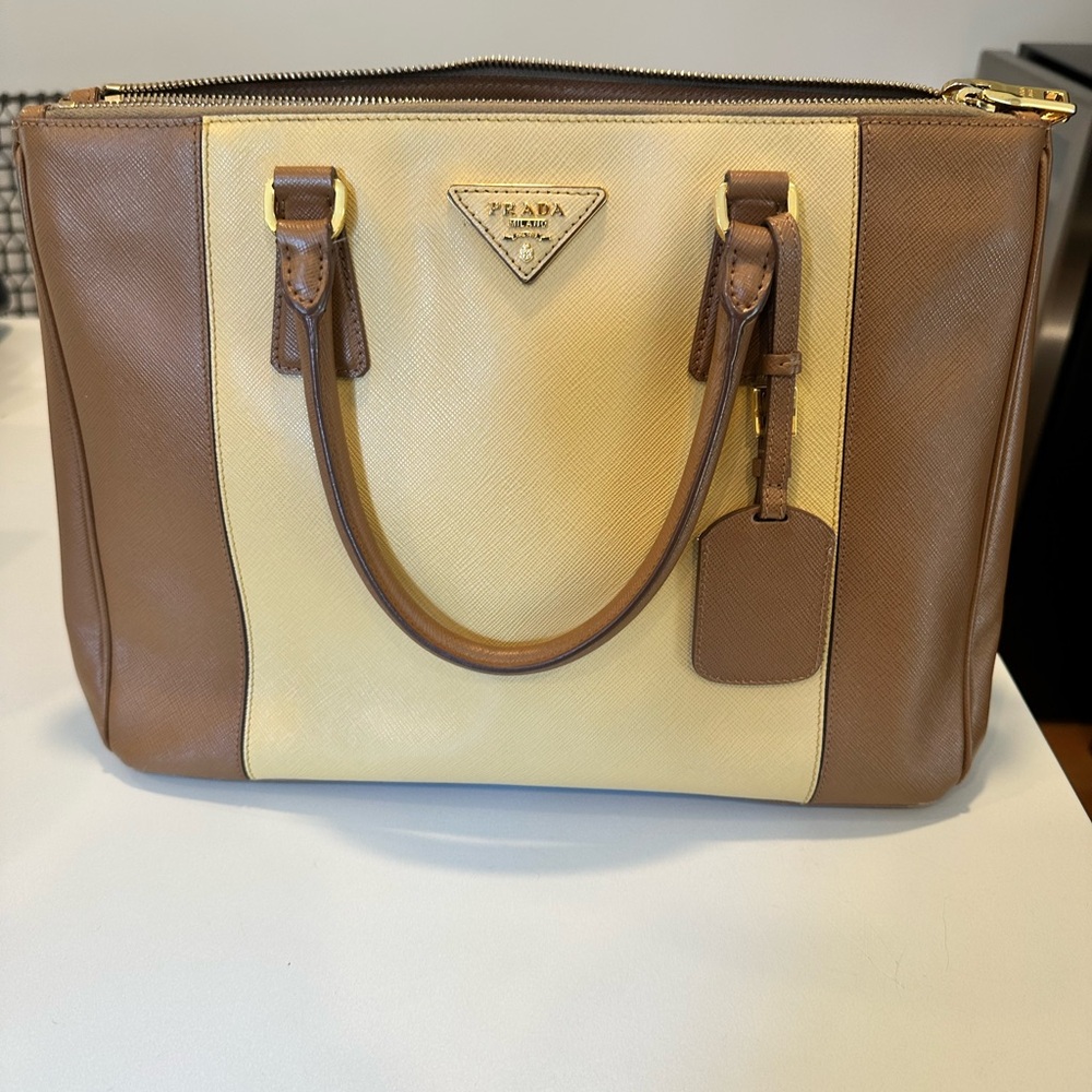 Prada Brown and Cream Leather Tote with Structured Design